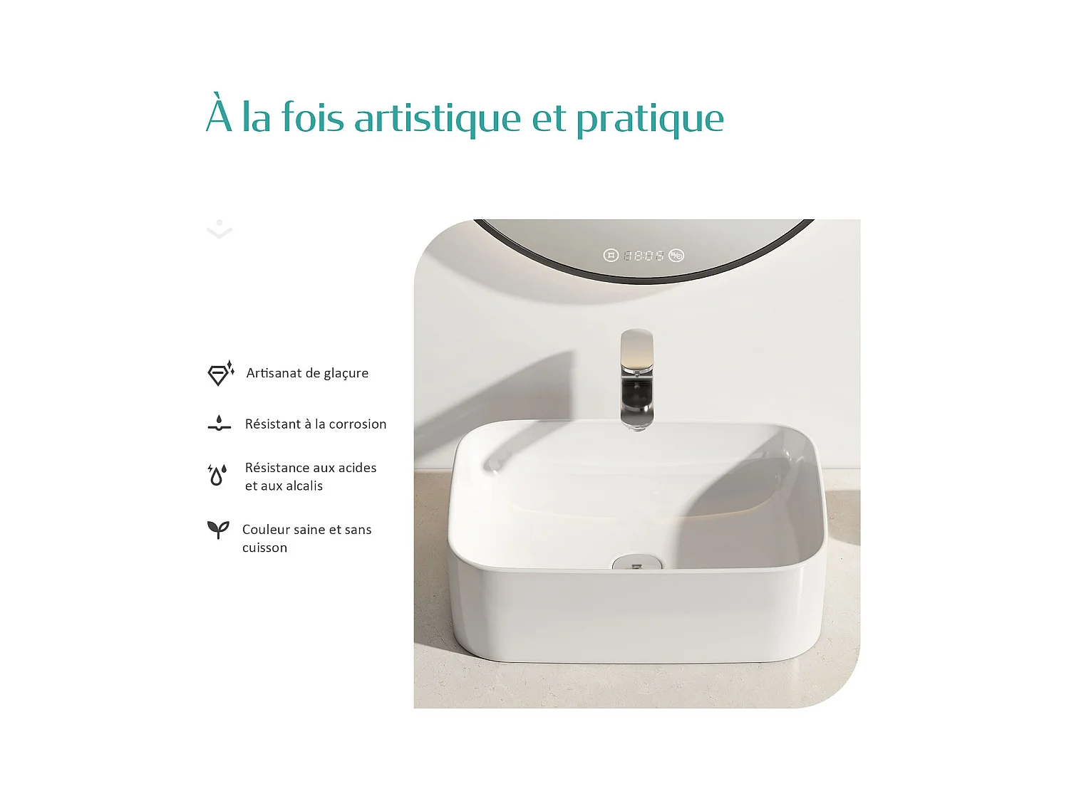 EMKE Vasque à Poser 610 x 380 x 150 mm, Lavabo Rectangulaire en Céramique pour Salle de Bain, Design Angles Arrondis R, Blanc Mat