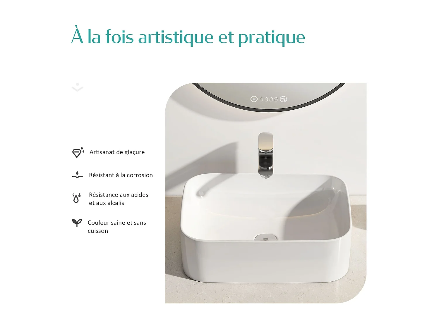 EMKE Vasque à Poser 610 x 380 x 150 mm, Lavabo Rectangulaire en Céramique pour Salle de Bain, Design Angles Arrondis R, Blanc Mat