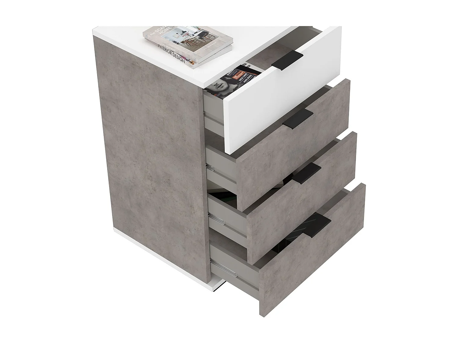 Table de chevet 4 tiroirs TARBES table de nuit haute, design moderne, en mélaminé imitation béton et blanc