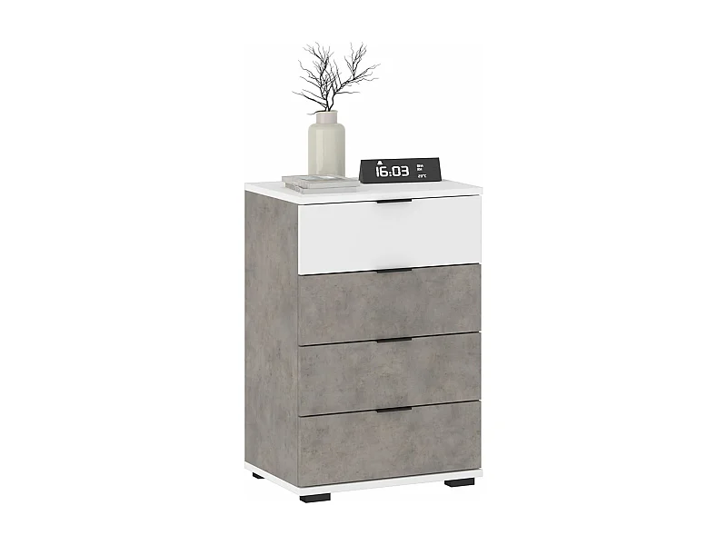 Table de chevet 4 tiroirs TARBES table de nuit haute, design moderne, en mélaminé imitation béton et blanc