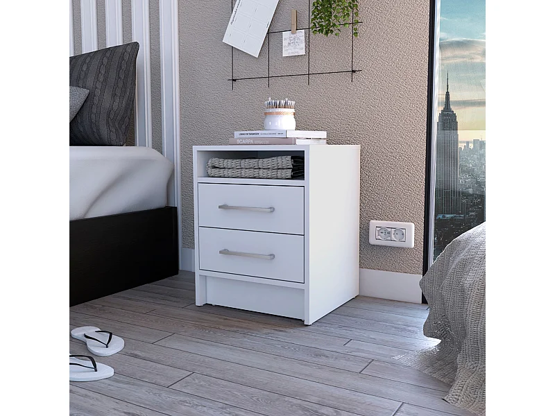 Comodino Ether in melamina con 1 ripiano e 2 cassetti con guide in metallo , bianco , 50.7 cm X 40 cm X 37 cm