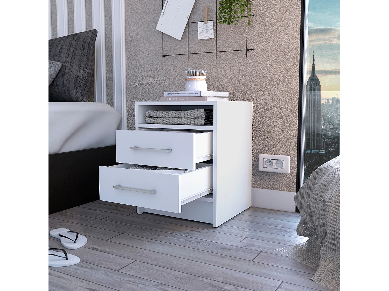 Comodino Ether in melamina con 1 ripiano e 2 cassetti con guide in metallo , bianco , 50.7 cm X 40 cm X 37 cm