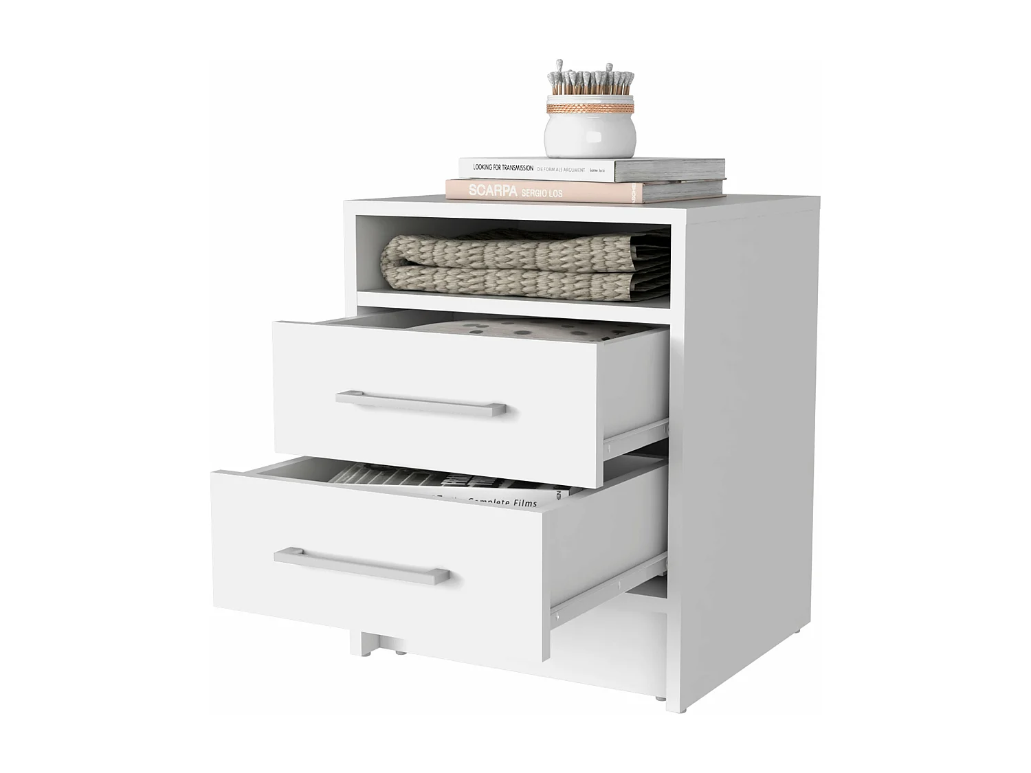 Comodino Ether in melamina con 1 ripiano e 2 cassetti con guide in metallo , bianco , 50.7 cm X 40 cm X 37 cm