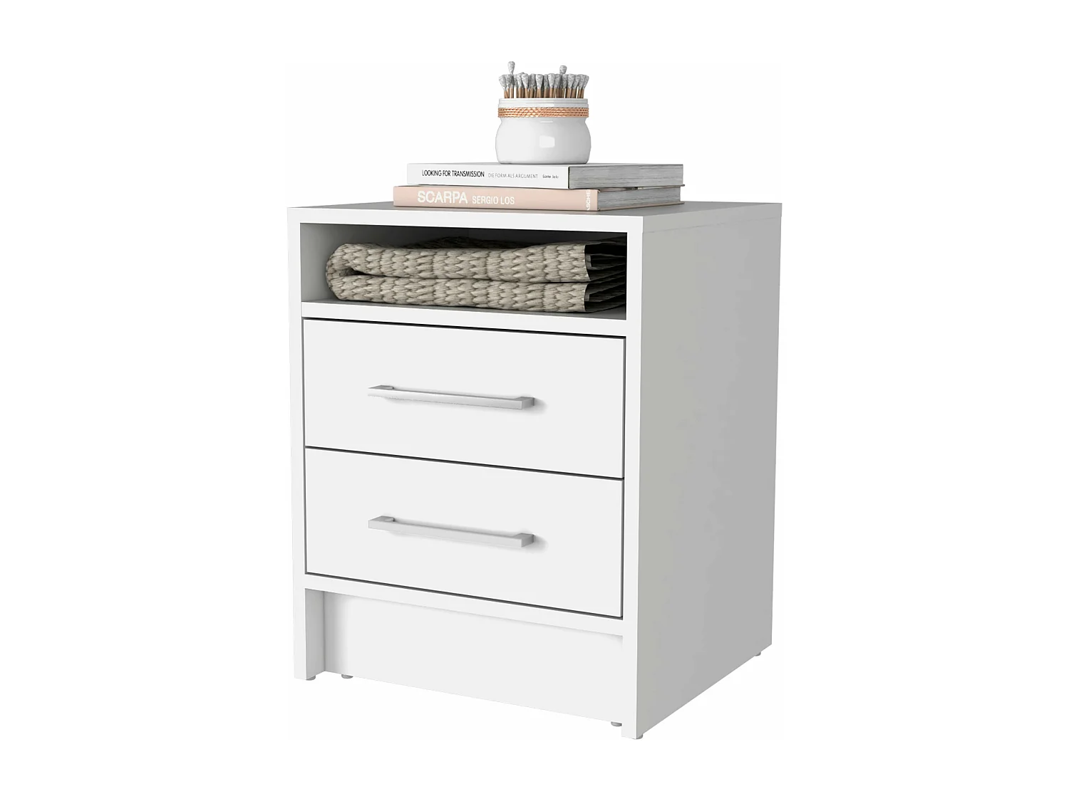 Comodino Ether in melamina con 1 ripiano e 2 cassetti con guide in metallo , bianco , 50.7 cm X 40 cm X 37 cm