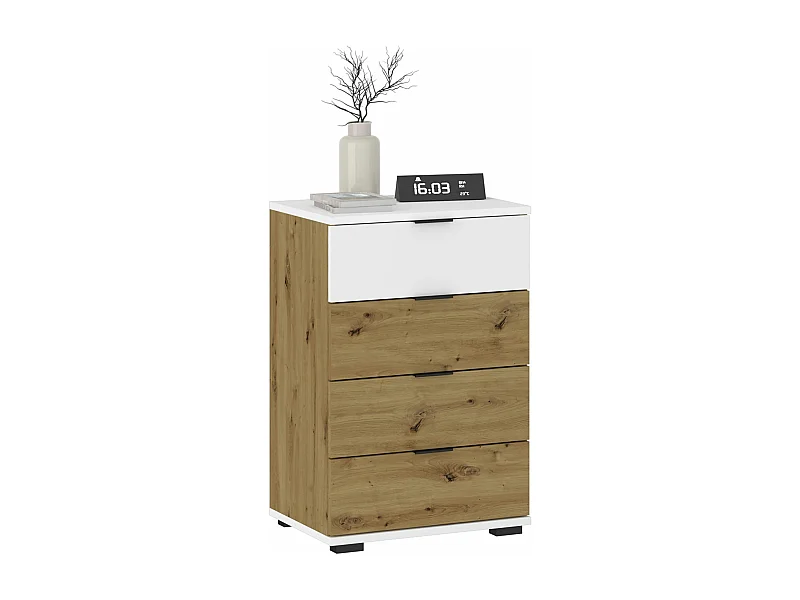 Table de chevet 4 tiroirs TARBES table de nuit haute, design moderne, en mélaminé chêne artisan et blanc