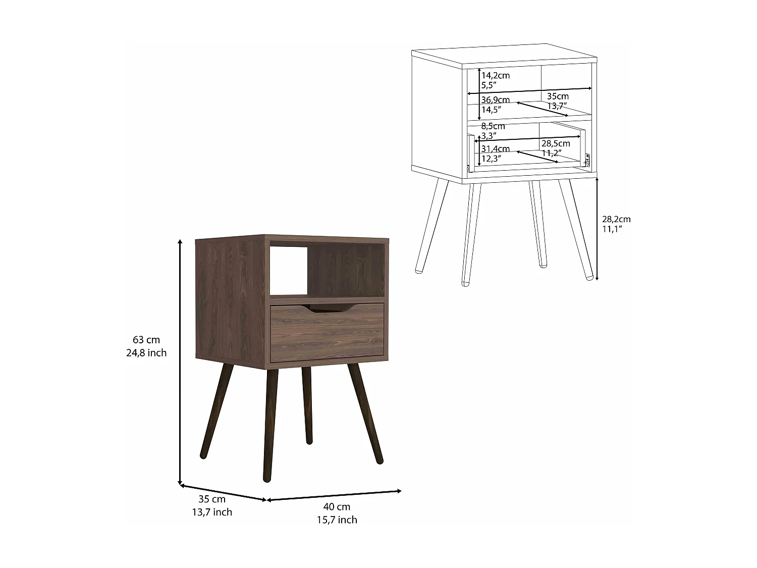 Mesita de noche Otom en melamina con 1 estante y un cajon de riel metalico , marron , 63 cm  X 40 cm  X 35 cm