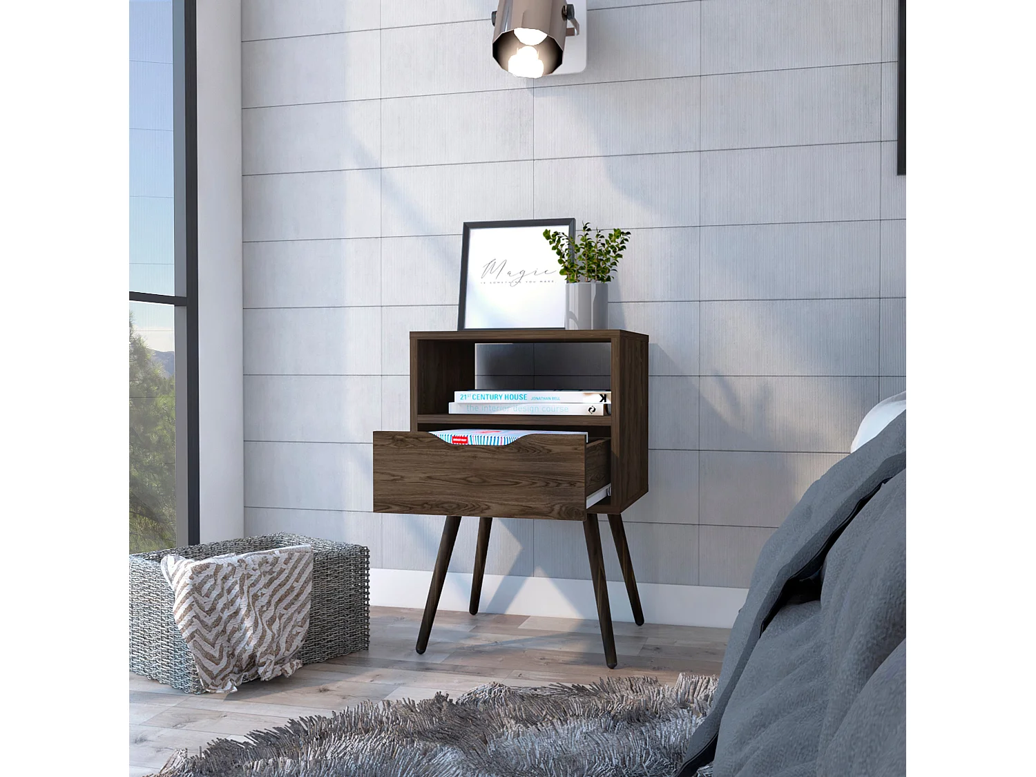 Mesita de noche Otom en melamina con 1 estante y un cajon de riel metalico , marron , 63 cm  X 40 cm  X 35 cm