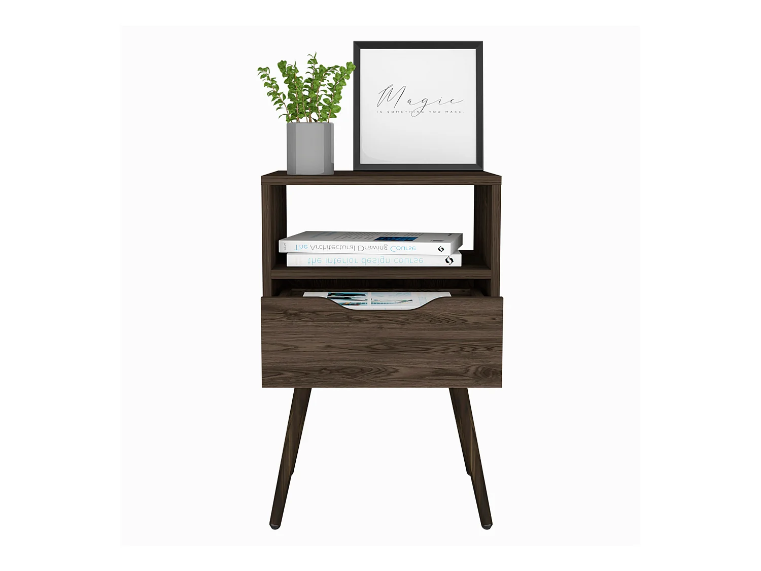 Mesita de noche Otom en melamina con 1 estante y un cajon de riel metalico , marron , 63 cm  X 40 cm  X 35 cm