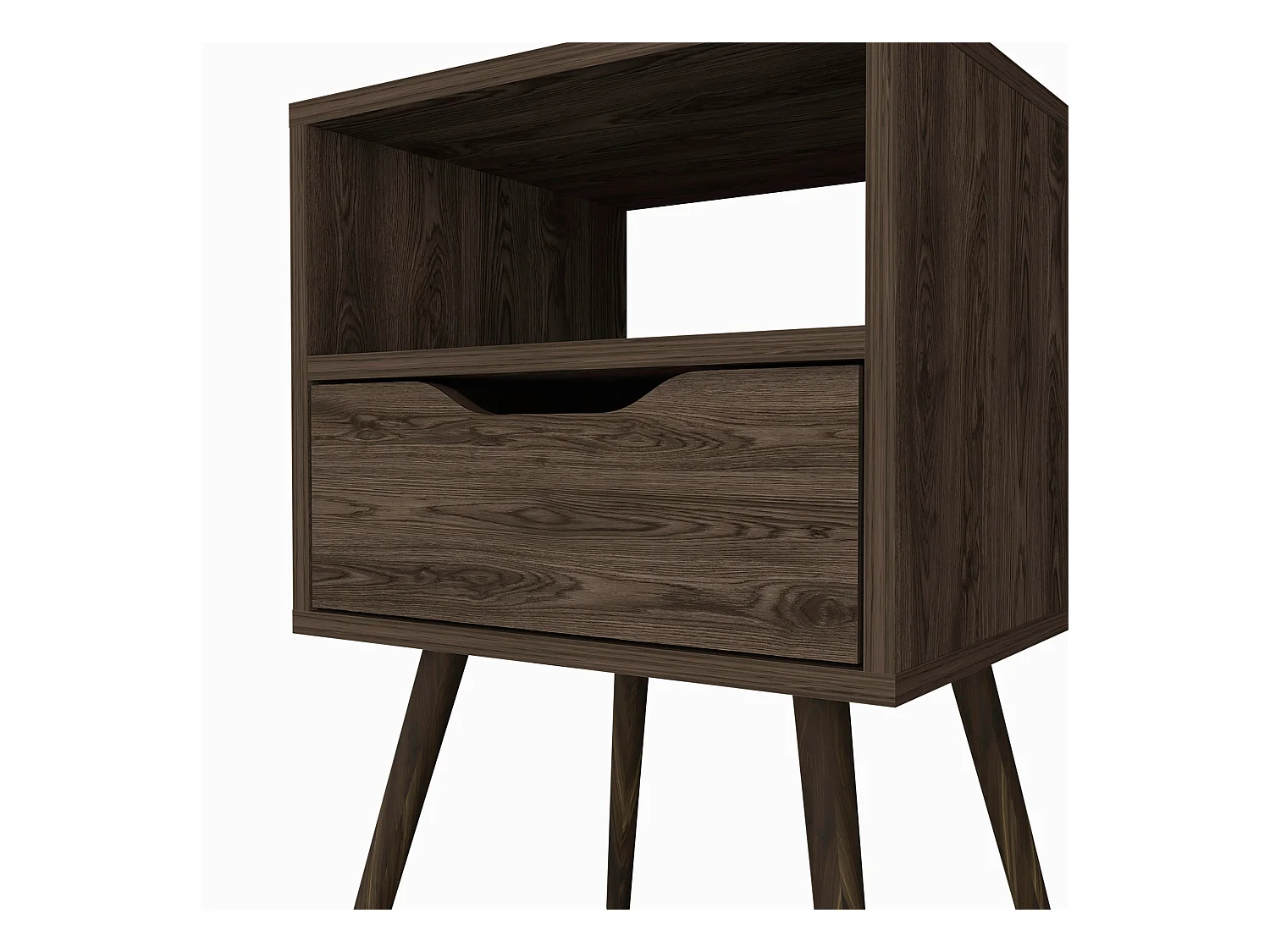 Mesita de noche Otom en melamina con 1 estante y un cajon de riel metalico , marron , 63 cm  X 40 cm  X 35 cm