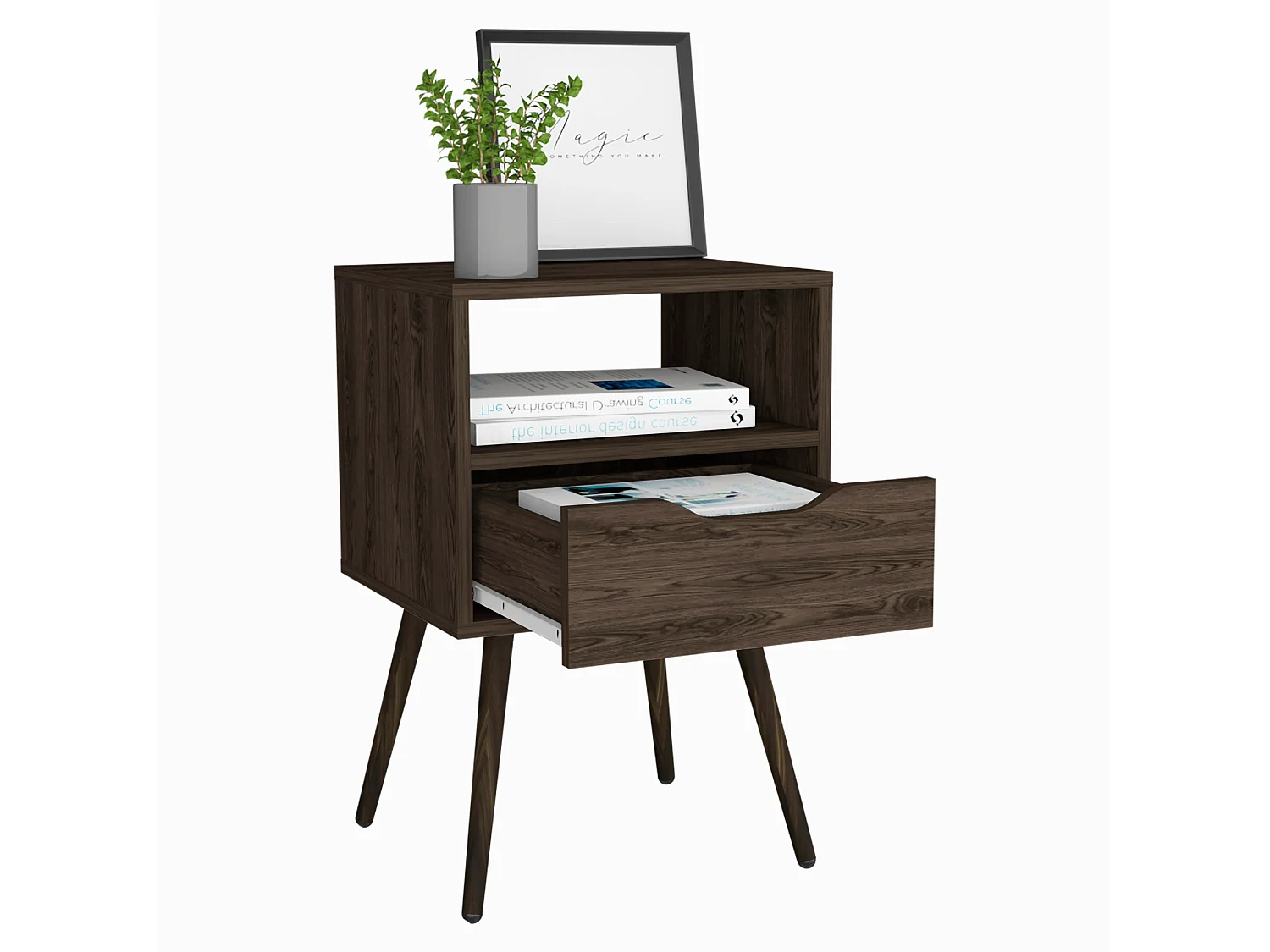 Comodino Otom in melamina con 1 ripiano e 1 cassetto con guide metalliche, marrone, 63 cm X 40 cm X 35 cm