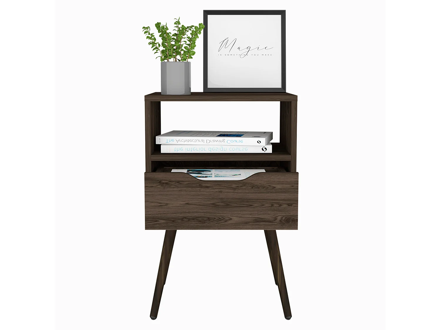 Comodino Otom in melamina con 1 ripiano e 1 cassetto con guide metalliche, marrone, 63 cm X 40 cm X 35 cm