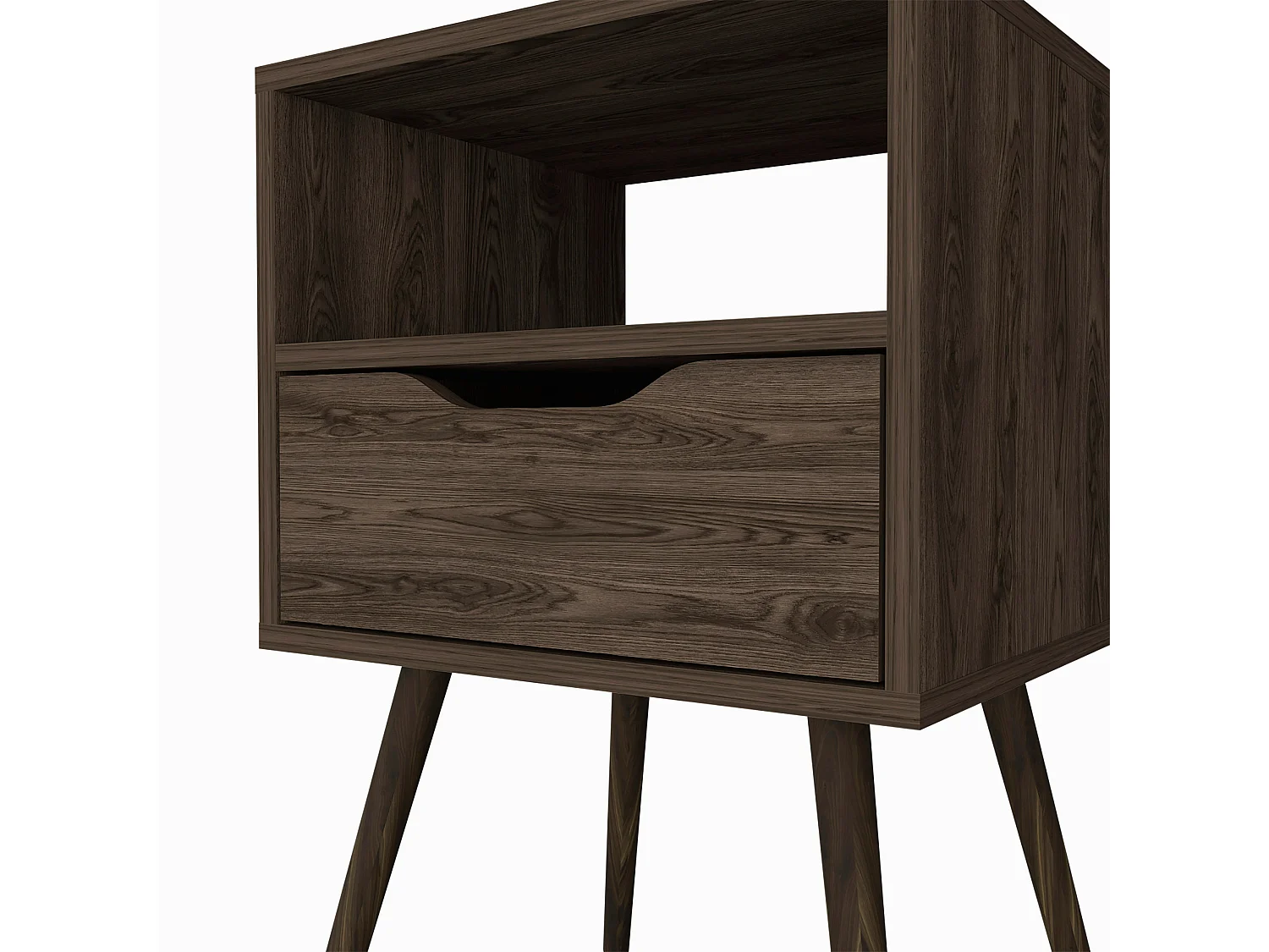 Mesita de noche Otom en melamina con 1 estante y un cajon de riel metalico , marron , 63 cm  X 40 cm  X 35 cm