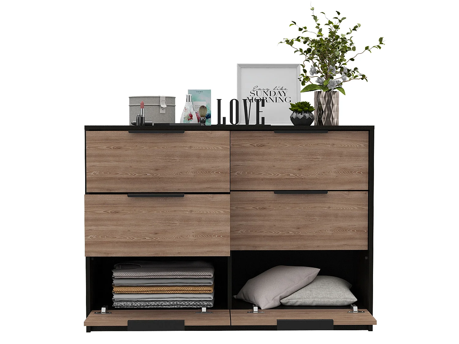 Cómoda Kaia em melamina com 4 gavetas com calhas metálicas e 2 armários inferiores, multicolor, 77.6 cm X 107 cm X 41.3 cm