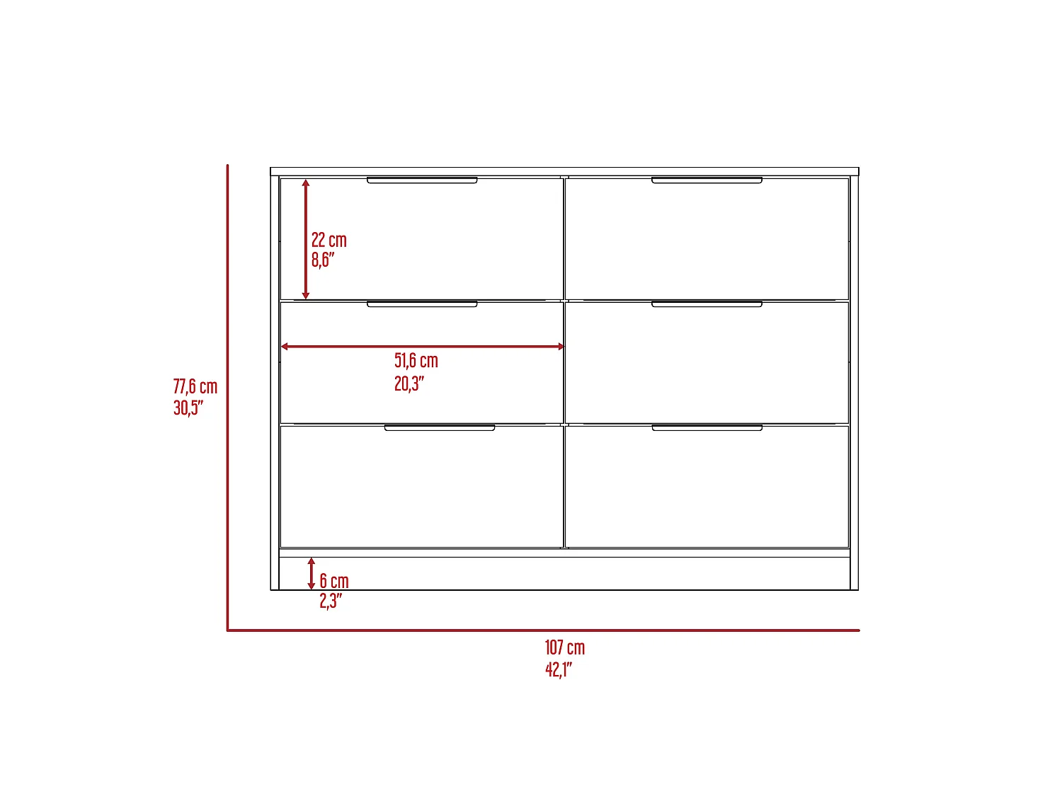 Cómoda Kaia em melamina com 4 gavetas com calhas metálicas e 2 armários inferiores, multicolor, 77.6 cm X 107 cm X 41.3 cm