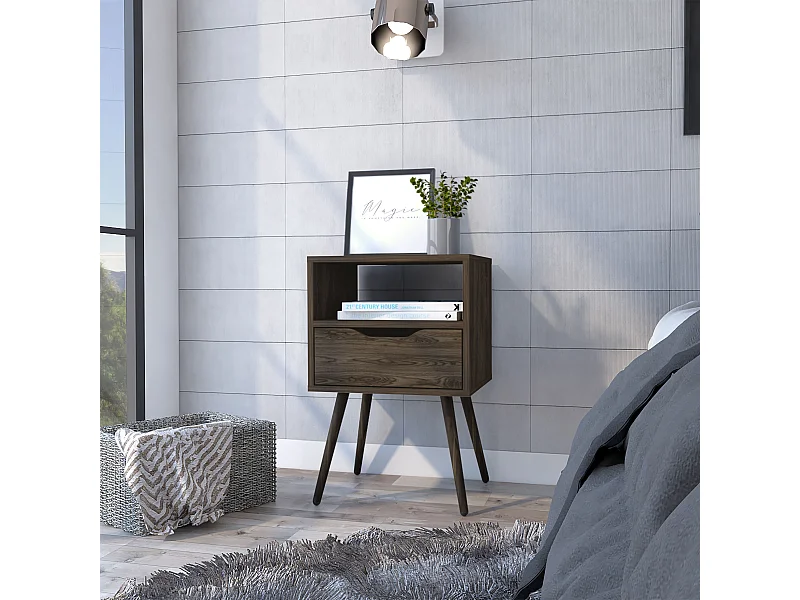 Mesita de noche Otom en melamina con 1 estante y un cajon de riel metalico , marron , 63 cm  X 40 cm  X 35 cm