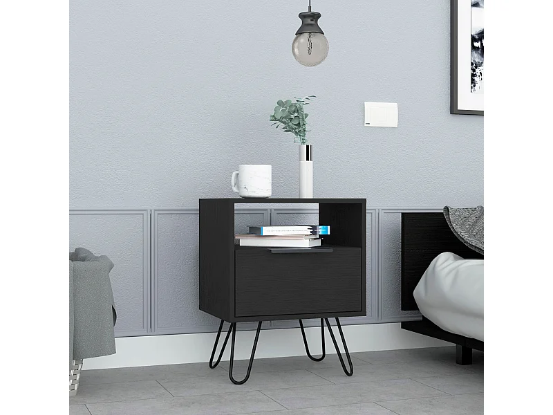 Comodino Augusta in melaminico con 2 ripiani e 1 mobile inferiore, nero, 56.4 cm X 45 cm X 34.8 cm