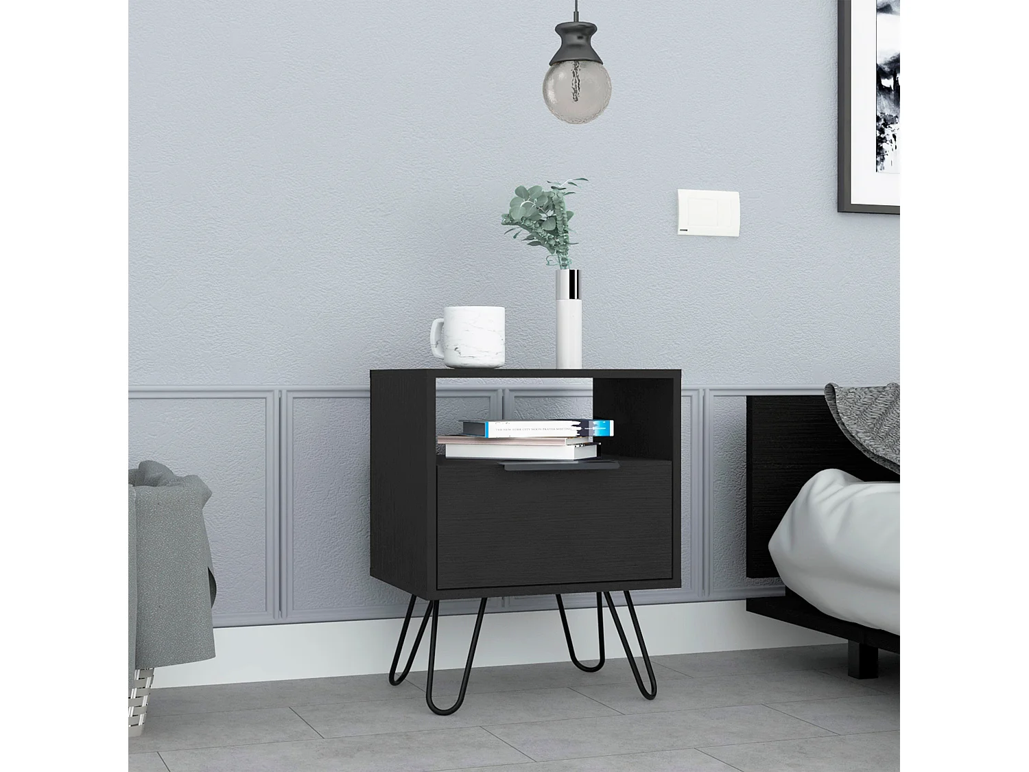 Comodino Augusta in melaminico con 2 ripiani e 1 mobile inferiore, nero, 56.4 cm X 45 cm X 34.8 cm