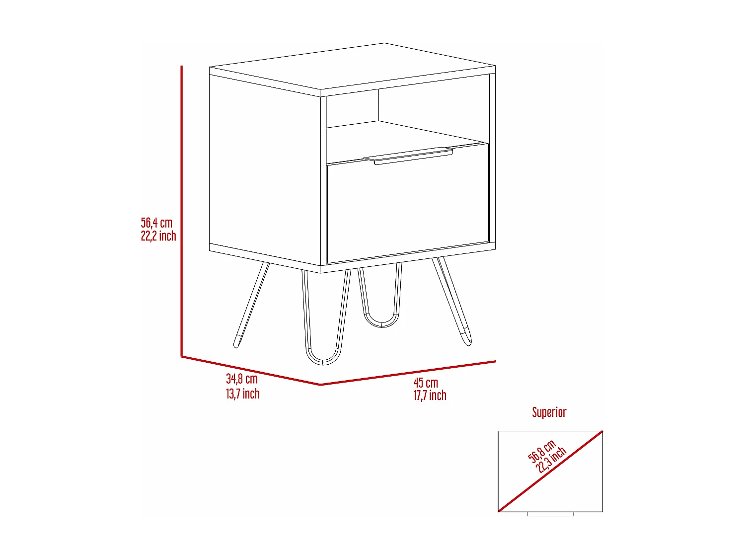 Comodino Augusta in melaminico con 2 ripiani e 1 mobile inferiore, nero, 56.4 cm X 45 cm X 34.8 cm
