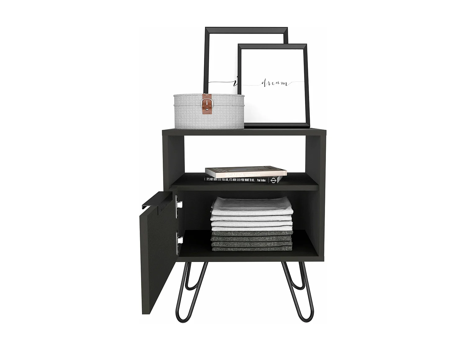 Comodino Augusta in melaminico con 2 ripiani e 1 mobile inferiore, nero, 56.4 cm X 45 cm X 34.8 cm