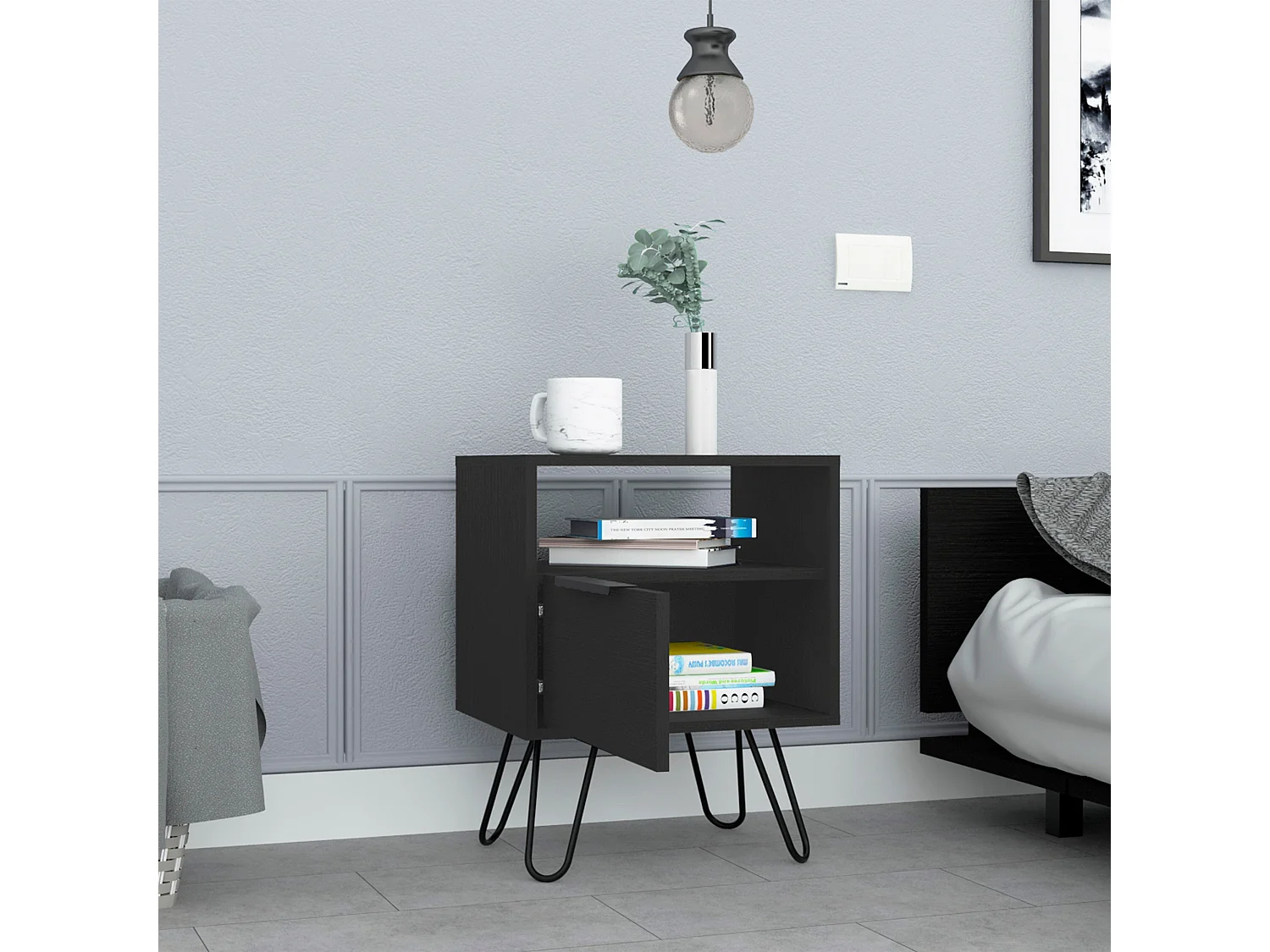 Comodino Augusta in melaminico con 2 ripiani e 1 mobile inferiore, nero, 56.4 cm X 45 cm X 34.8 cm