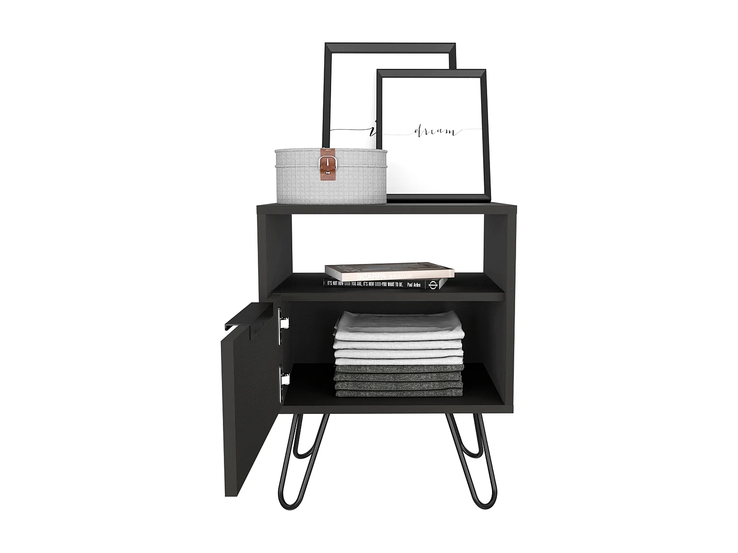 Comodino Augusta in melaminico con 2 ripiani e 1 mobile inferiore, nero, 56.4 cm X 45 cm X 34.8 cm