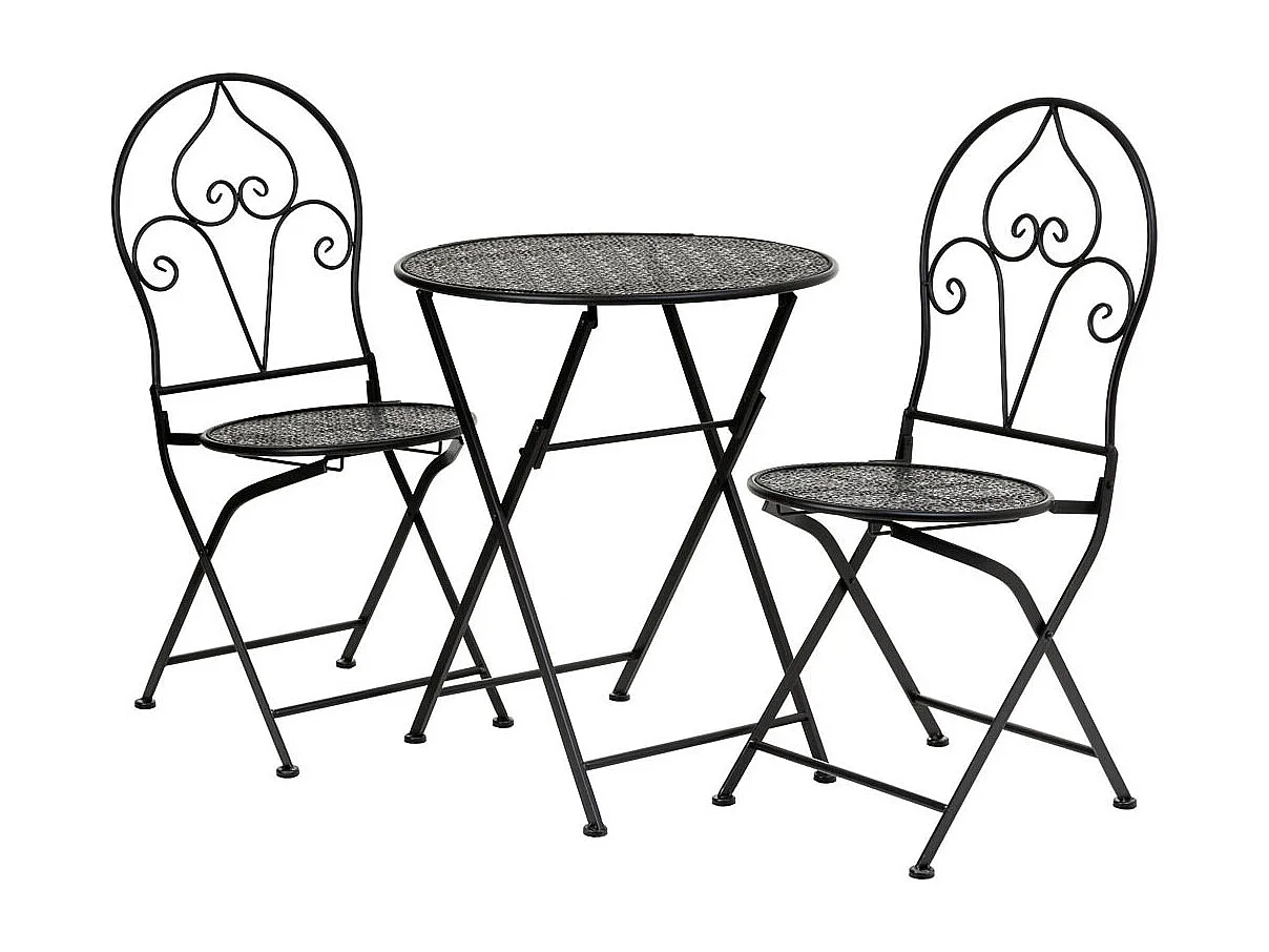 Conjunto de mesa e duas cadeiras em ferro forjado preto mesa D60x70 - cadeira 50x40x93