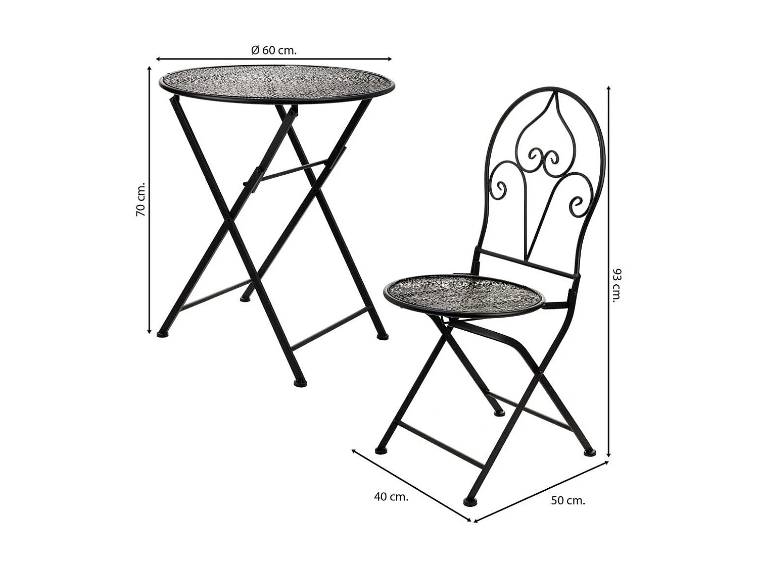 Conjunto de mesa e duas cadeiras em ferro forjado preto mesa D60x70 - cadeira 50x40x93