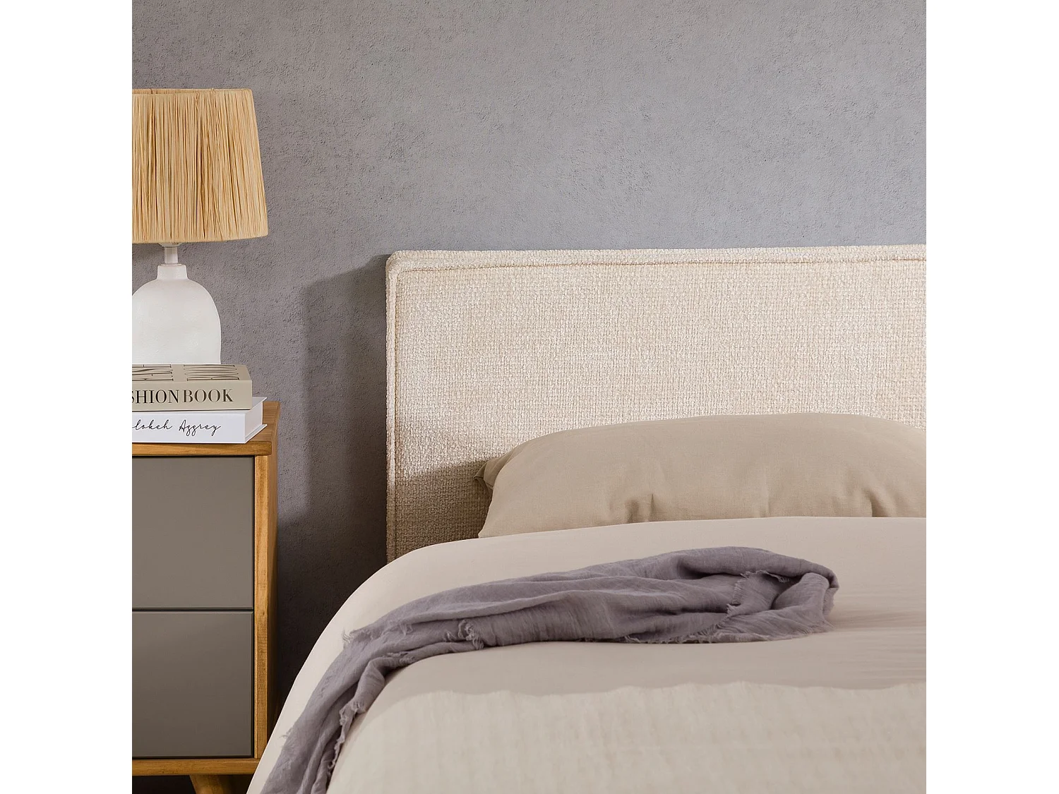 Tête de lit MIRENN 140 rembourrée, En tissu polyester pour lit 140 cm, Sur pieds en plastique, Blanc