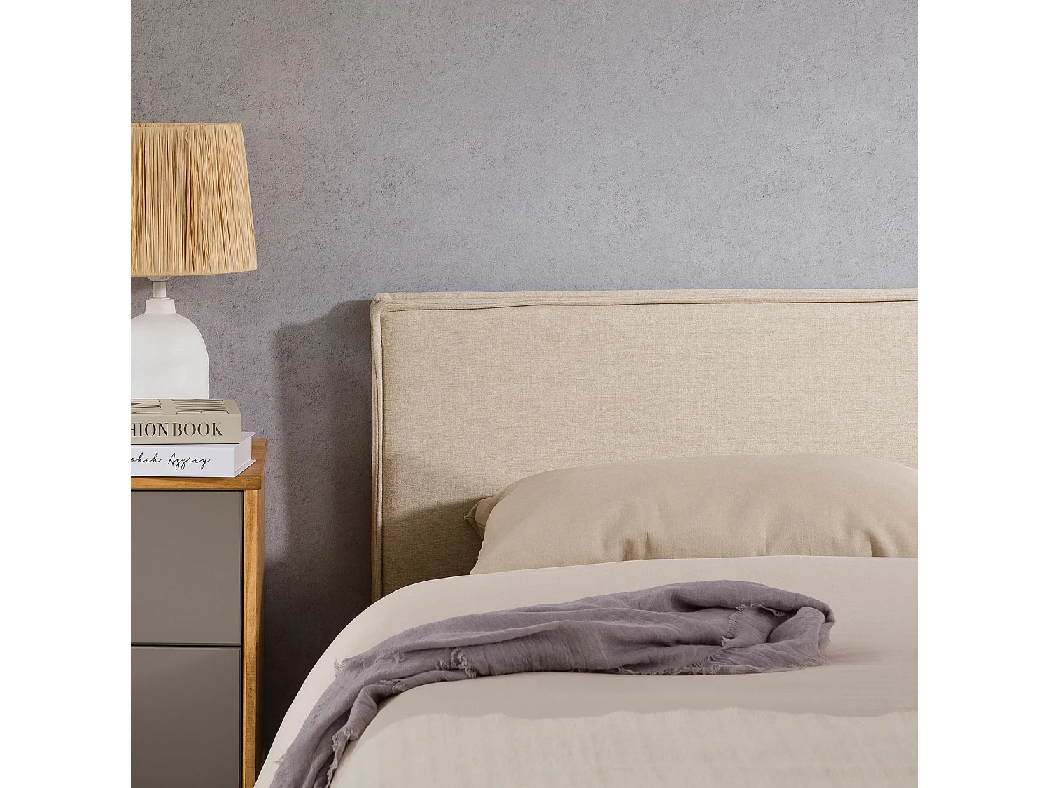 Tête de lit DACIO 120 rembourrée, En tissu polyester pour lit 120 cm, Sur pieds en plastique, Écru