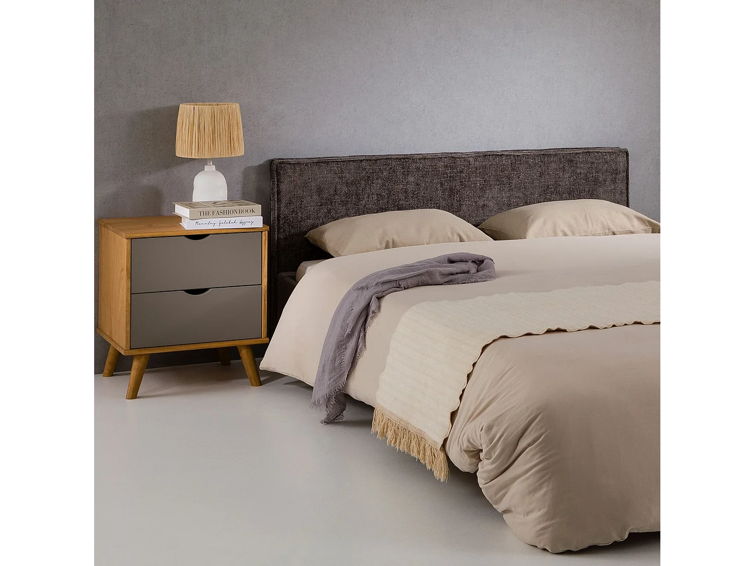 Tête de lit MIRENN 140 rembourrée, En tissu polyester pour lit 140 cm, Sur pieds en plastique, Gris