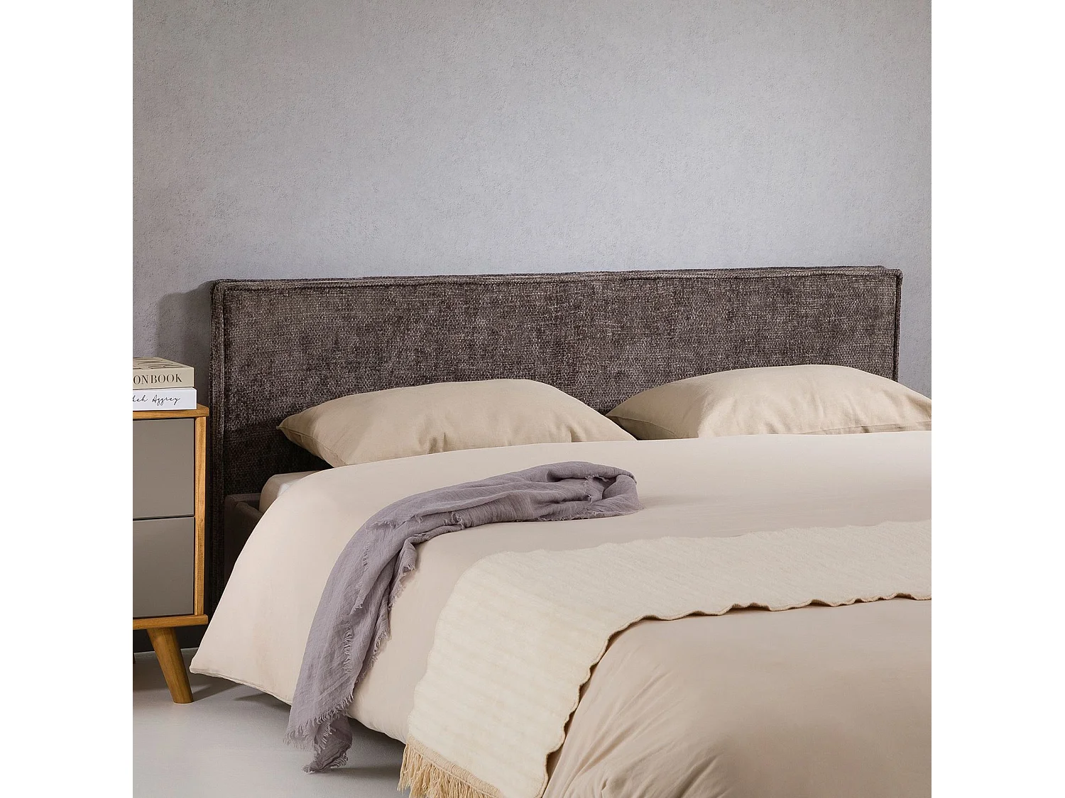 Tête de lit MIRENN 140 rembourrée, En tissu polyester pour lit 140 cm, Sur pieds en plastique, Gris