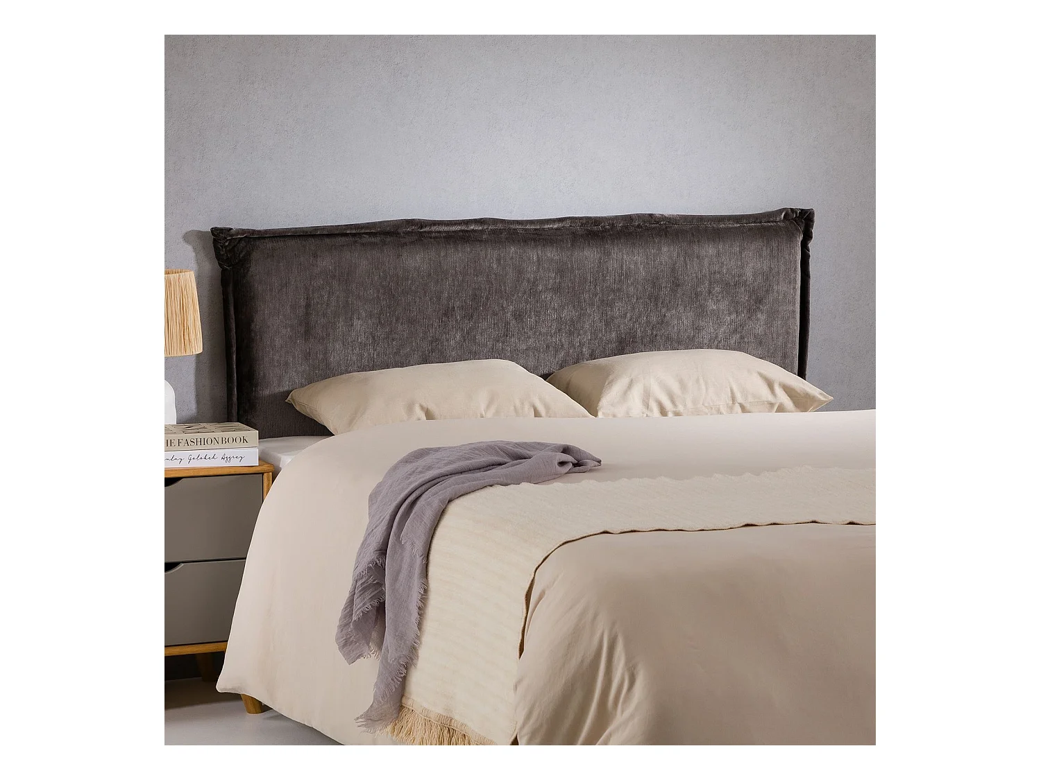 Tête de lit SAVER 120 rembourrée, En tissu polyester pour lit 120 cm, Sur pieds en bois, Gris