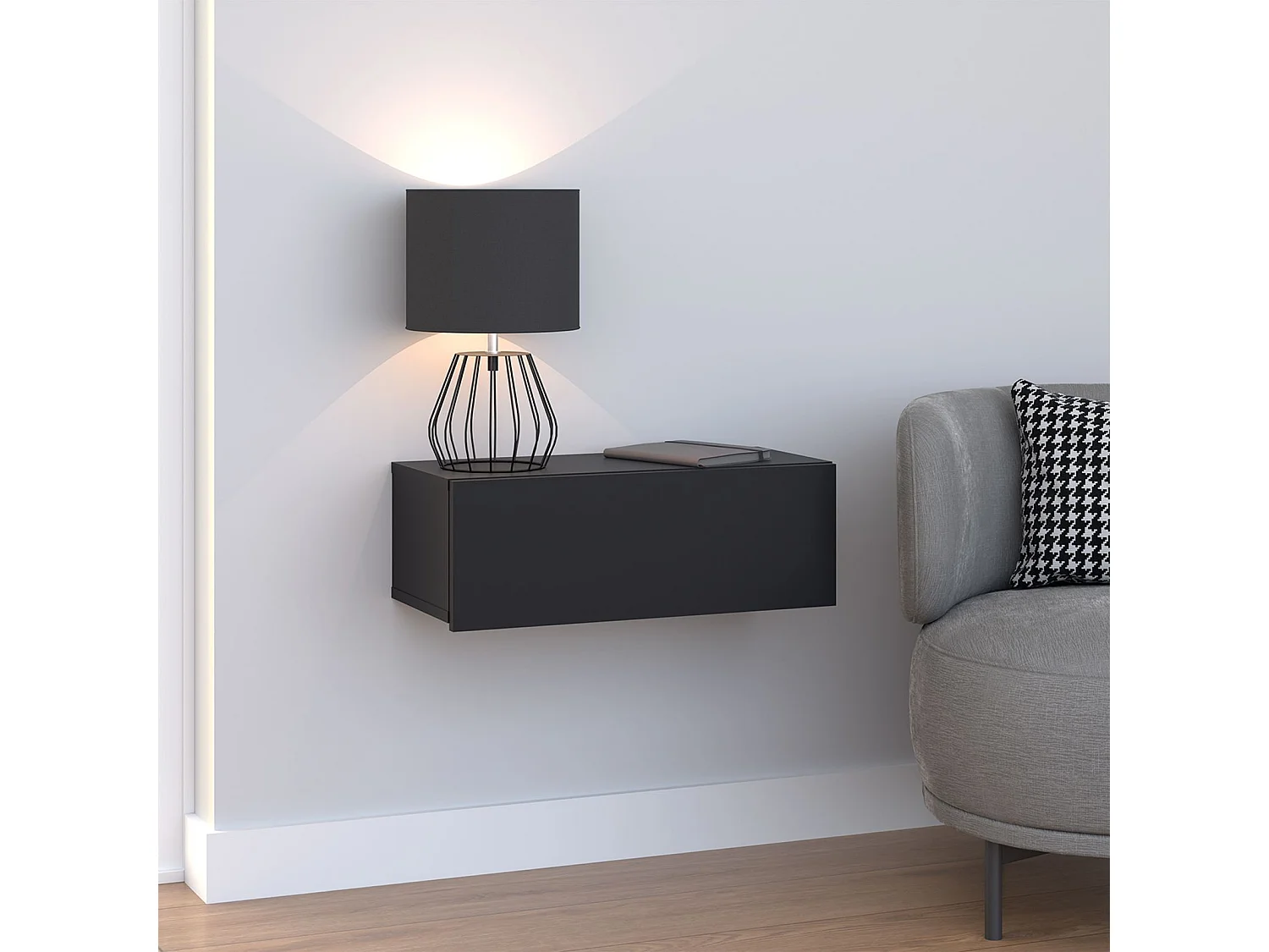 Tiroir suspendu THALA, table de nuit étagère murale avec 1 tiroir sans poignée, revêtement mélaminé, en bois, noir