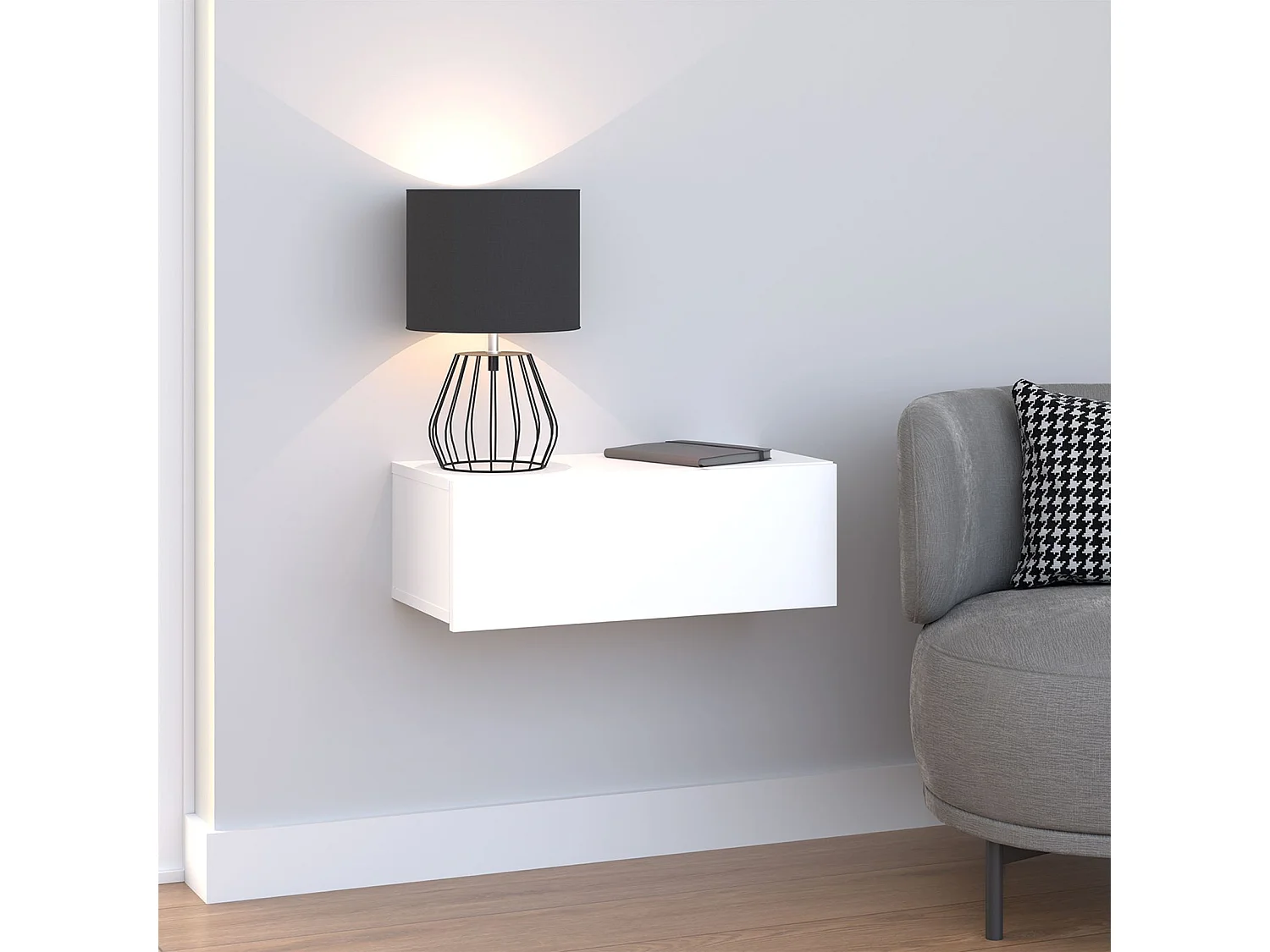 Tiroir suspendu THALA, table de nuit étagère murale avec 1 tiroir sans poignée, revêtement mélaminé, en bois, blanc