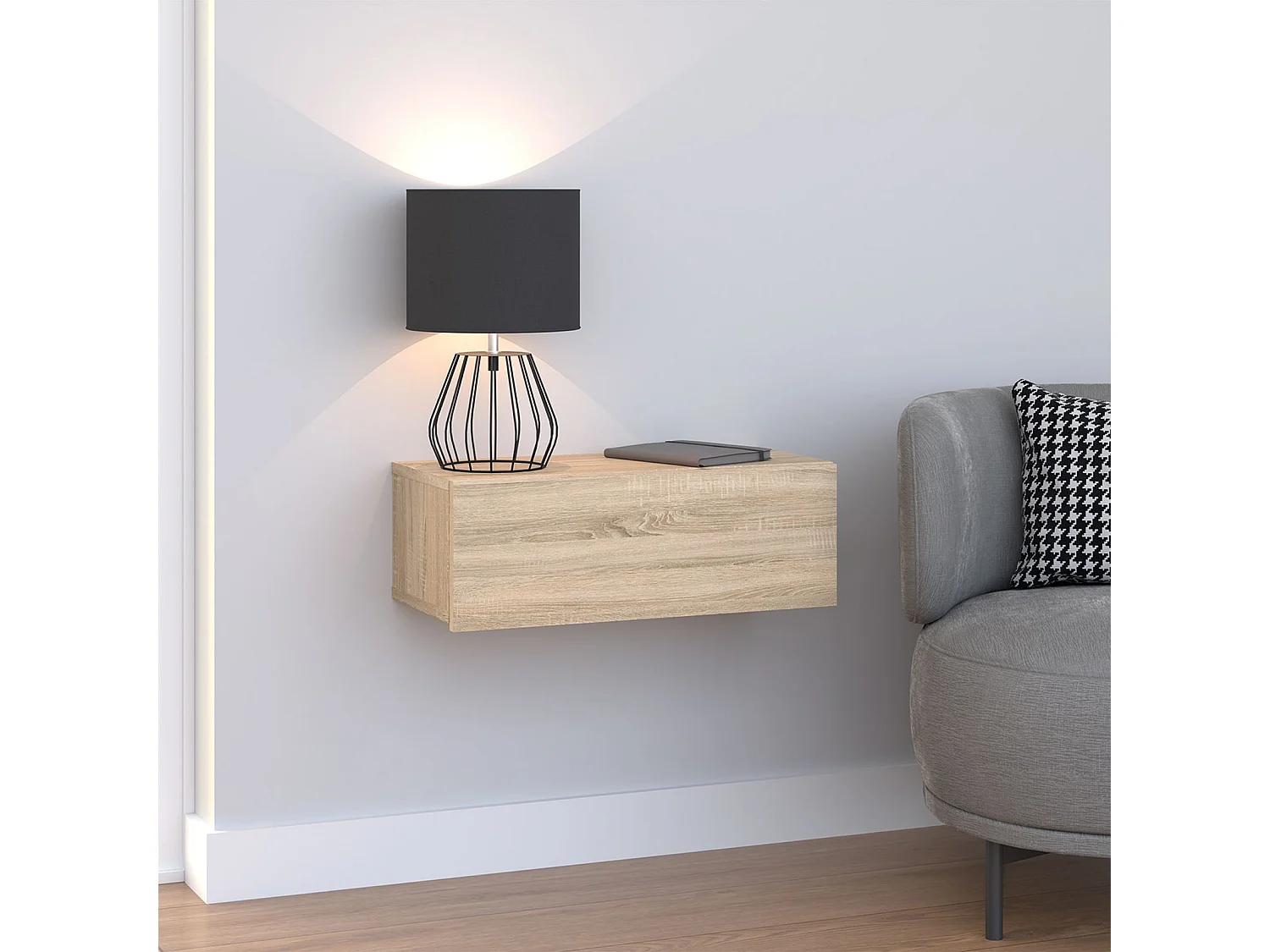 Tiroir suspendu THALA, table de nuit étagère murale avec 1 tiroir sans poignée, revêtement mélaminé, en bois, coloris chêne sonoma