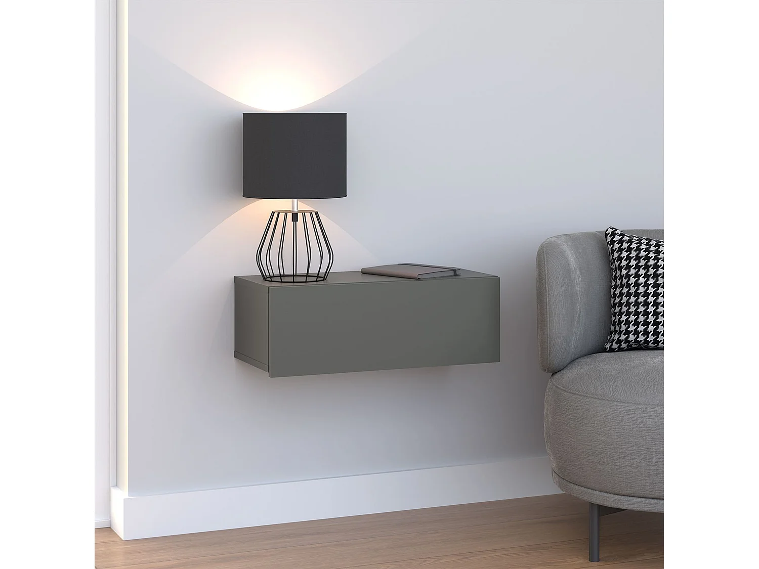 Tiroir suspendu THALA, table de nuit étagère murale avec 1 tiroir sans poignée, revêtement mélaminé, en bois, gris