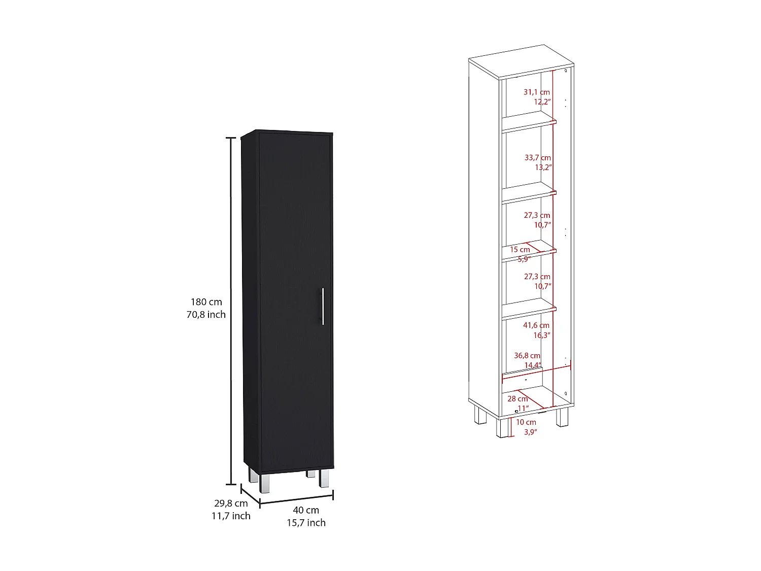 Columna de baño Laska con 5 estantes y 1 puerta , negro , 180 cm  X 40 cm  X 29.8 cm