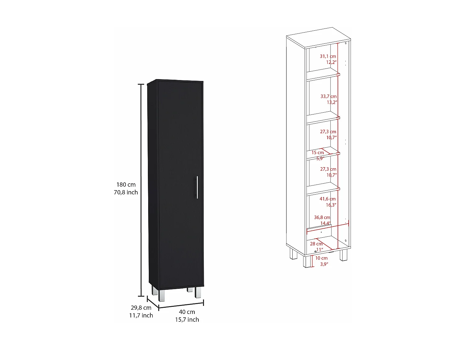 Columna de baño Laska con 5 estantes y 1 puerta , negro , 180 cm  X 40 cm  X 29.8 cm