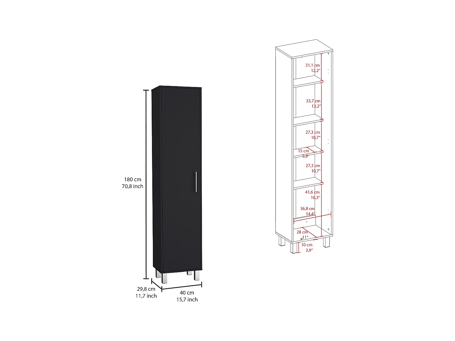 Colonne de salle de bain Laska avec 5 étagères et 1 porte, noir, 180 cm X 40 cm X 29.8 cm