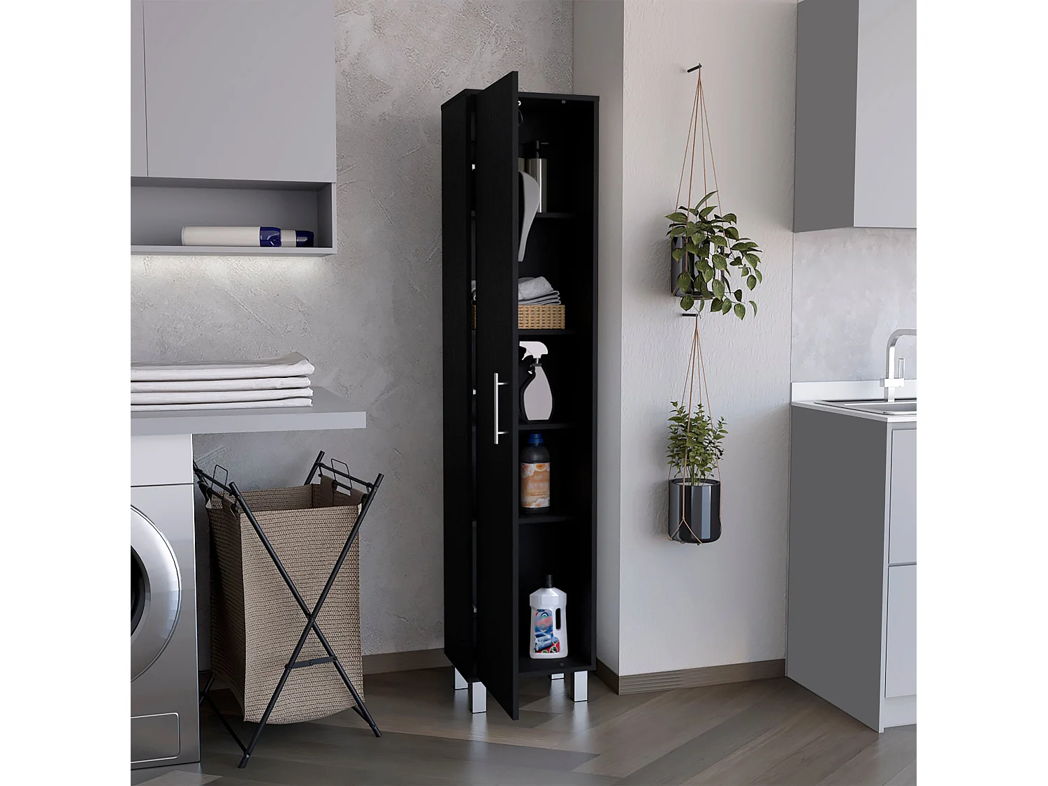 Columna de baño Laska con 5 estantes y 1 puerta , negro , 180 cm  X 40 cm  X 29.8 cm