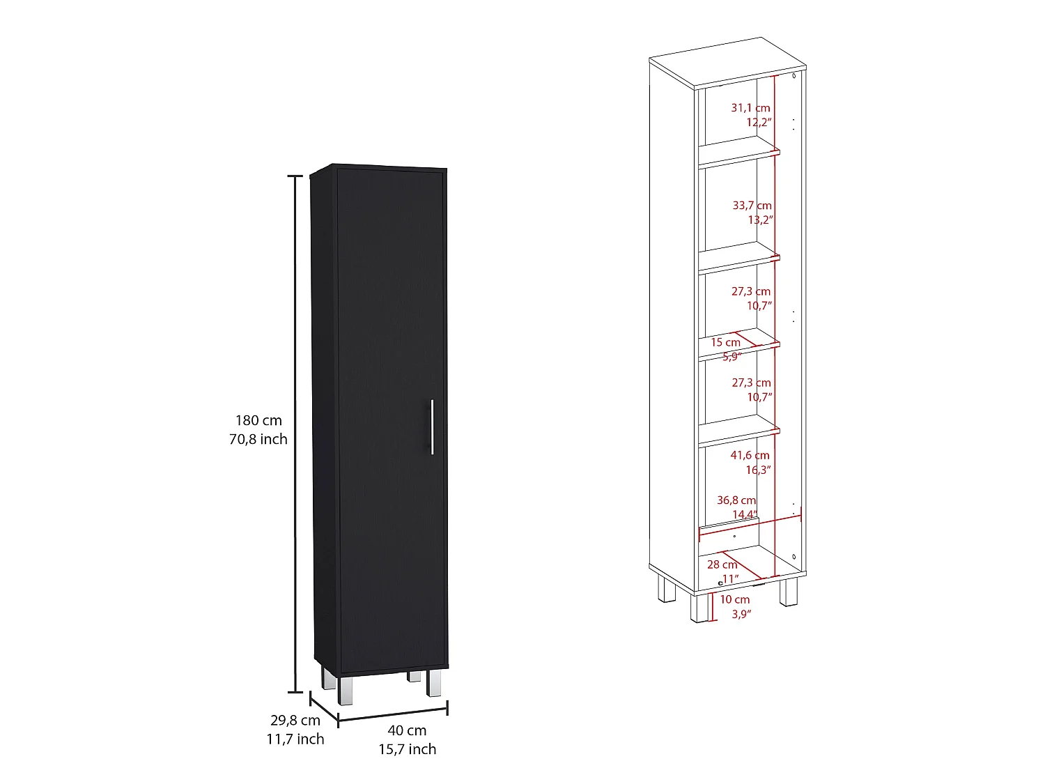 Columna de baño Laska con 5 estantes y 1 puerta , negro , 180 cm  X 40 cm  X 29.8 cm