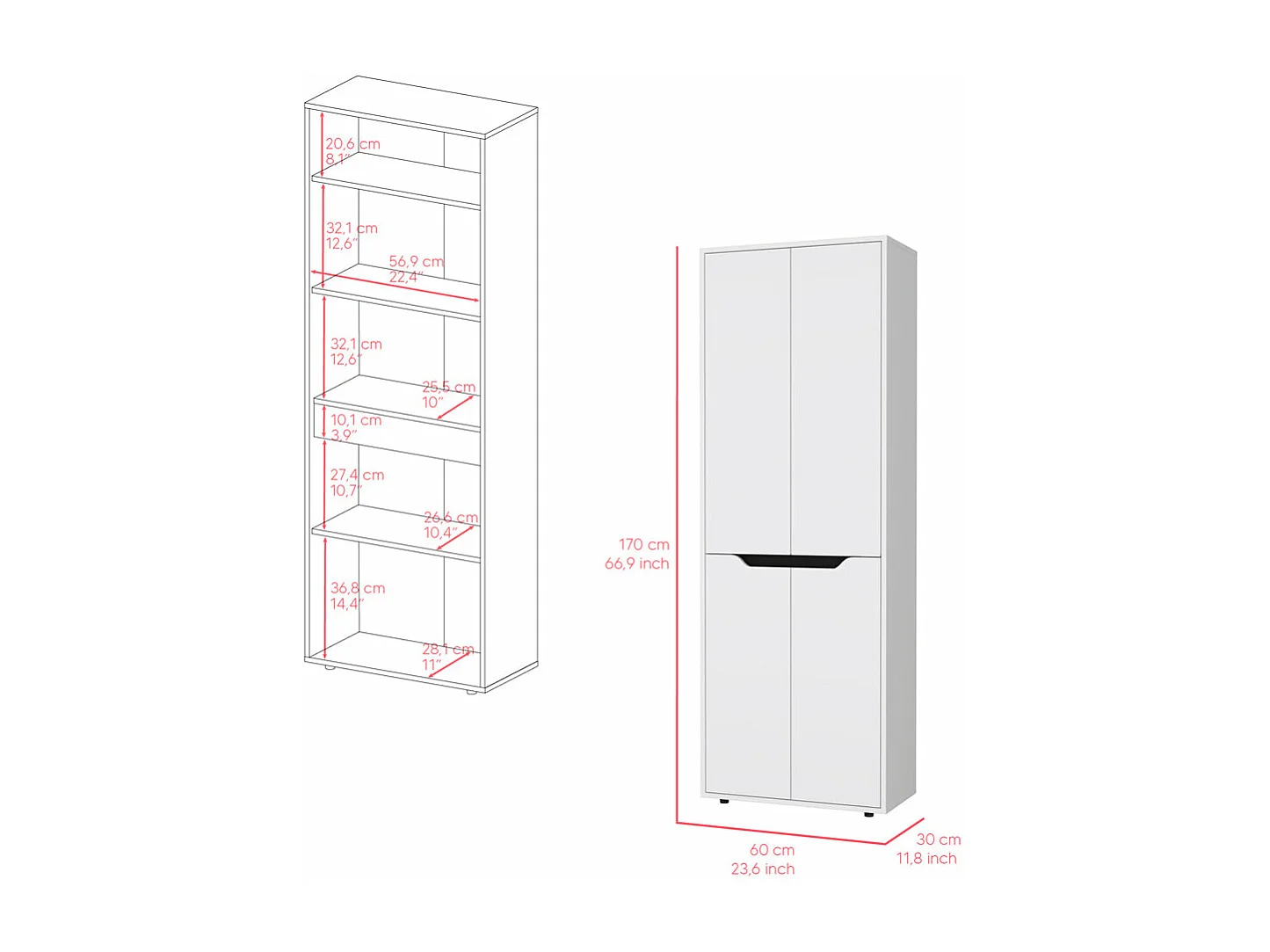 Armadio in melaminico Aringa con 4 ante e 5 ripiani, bianco , 170 cm X 60 cm X 30 cm