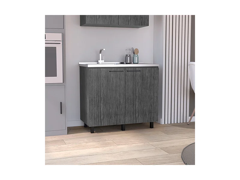 Base Napoles in melaminico con 2 ripiani, 2 ante e piano di lavoro in acciaio inox, grigio, 89 cm X 100 cm X 52.5 cm