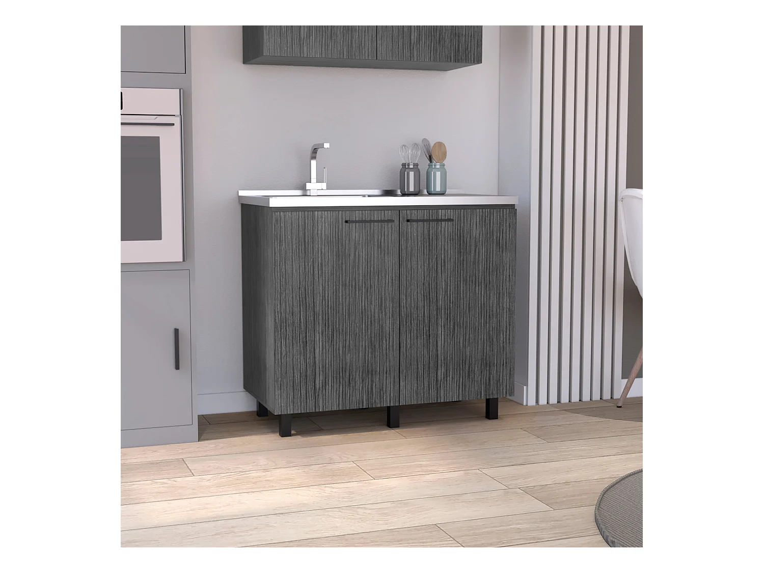 Mueble bajo Napoles en melamina con 2 estantes ,  2 puertas y encimera de acero inoxidable , gris , 89 cm  X 100 cm  X 52.5 cm