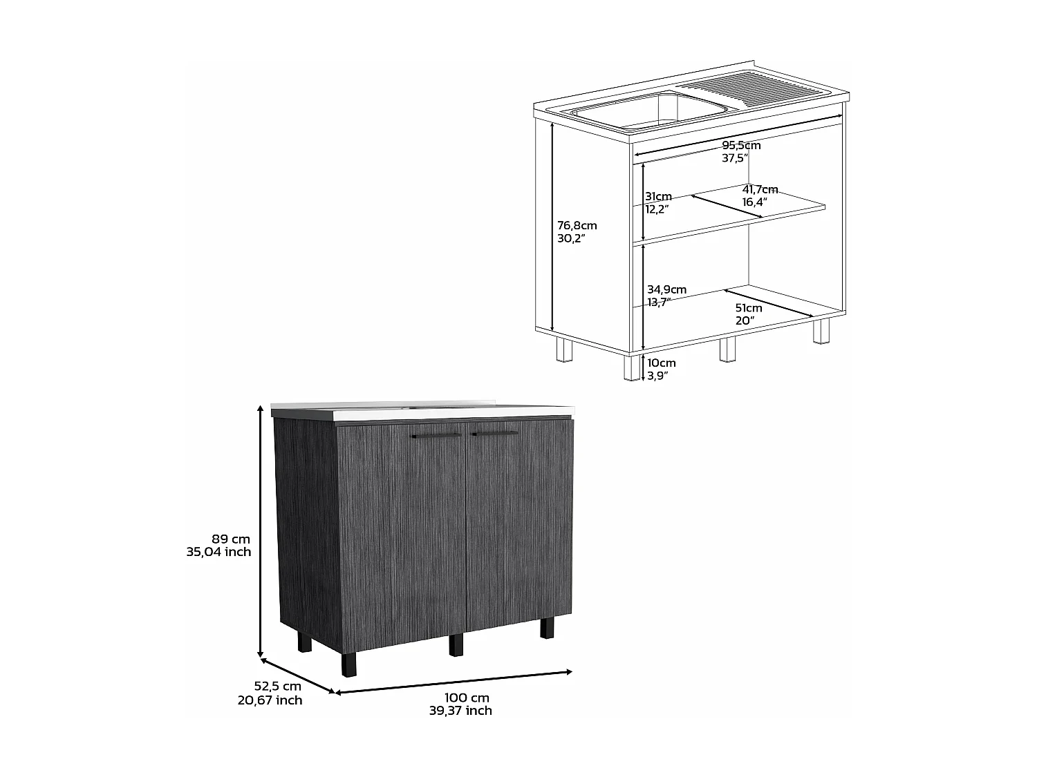Mueble bajo Napoles en melamina con 2 estantes ,  2 puertas y encimera de acero inoxidable , gris , 89 cm  X 100 cm  X 52.5 cm