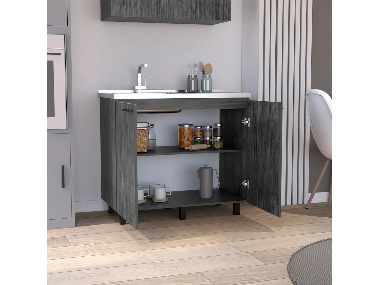 Mueble bajo Napoles en melamina con 2 estantes ,  2 puertas y encimera de acero inoxidable , gris , 89 cm  X 100 cm  X 52.5 cm