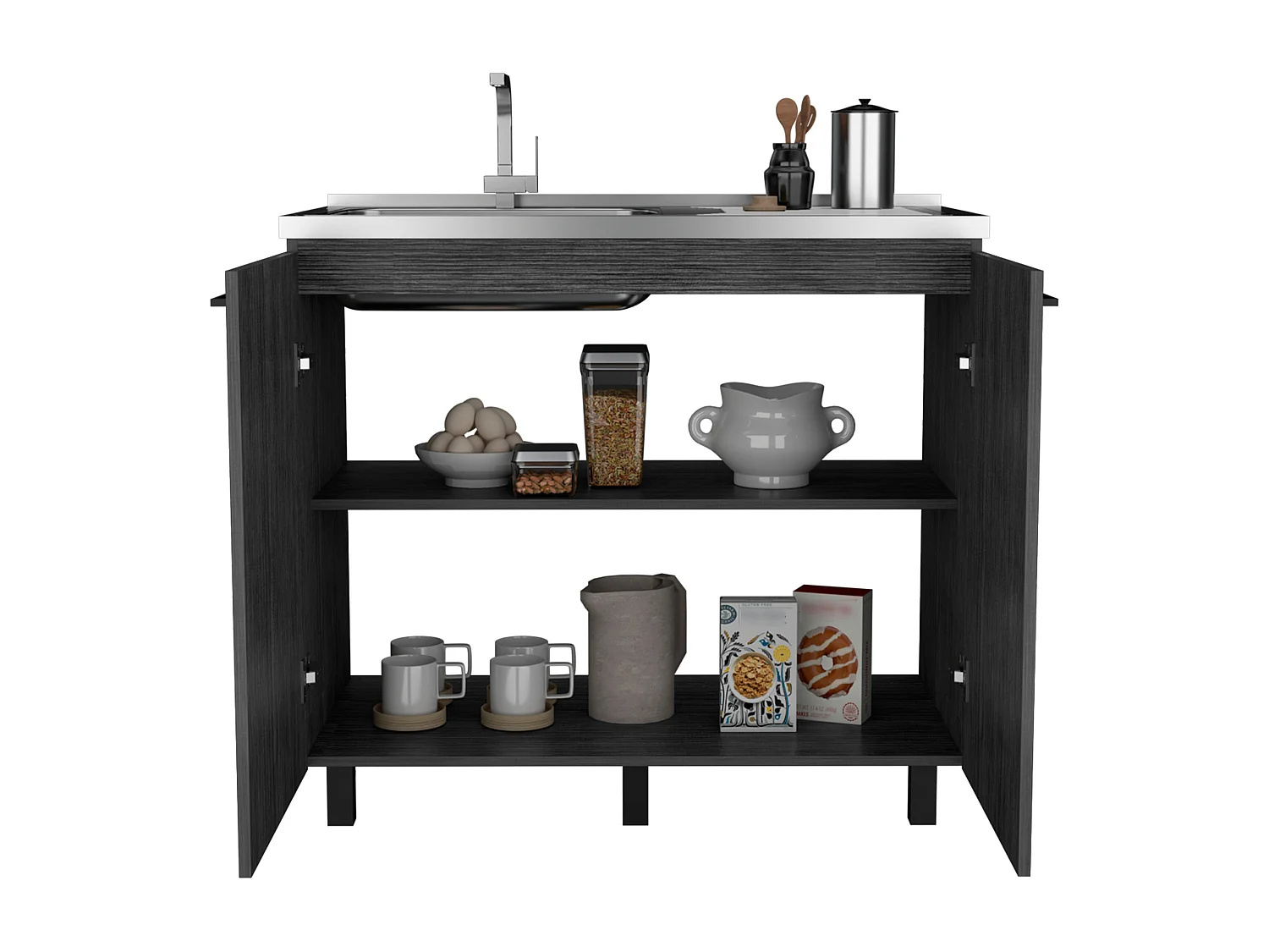 Mueble bajo Napoles en melamina con 2 estantes ,  2 puertas y encimera de acero inoxidable , gris , 89 cm  X 100 cm  X 52.5 cm