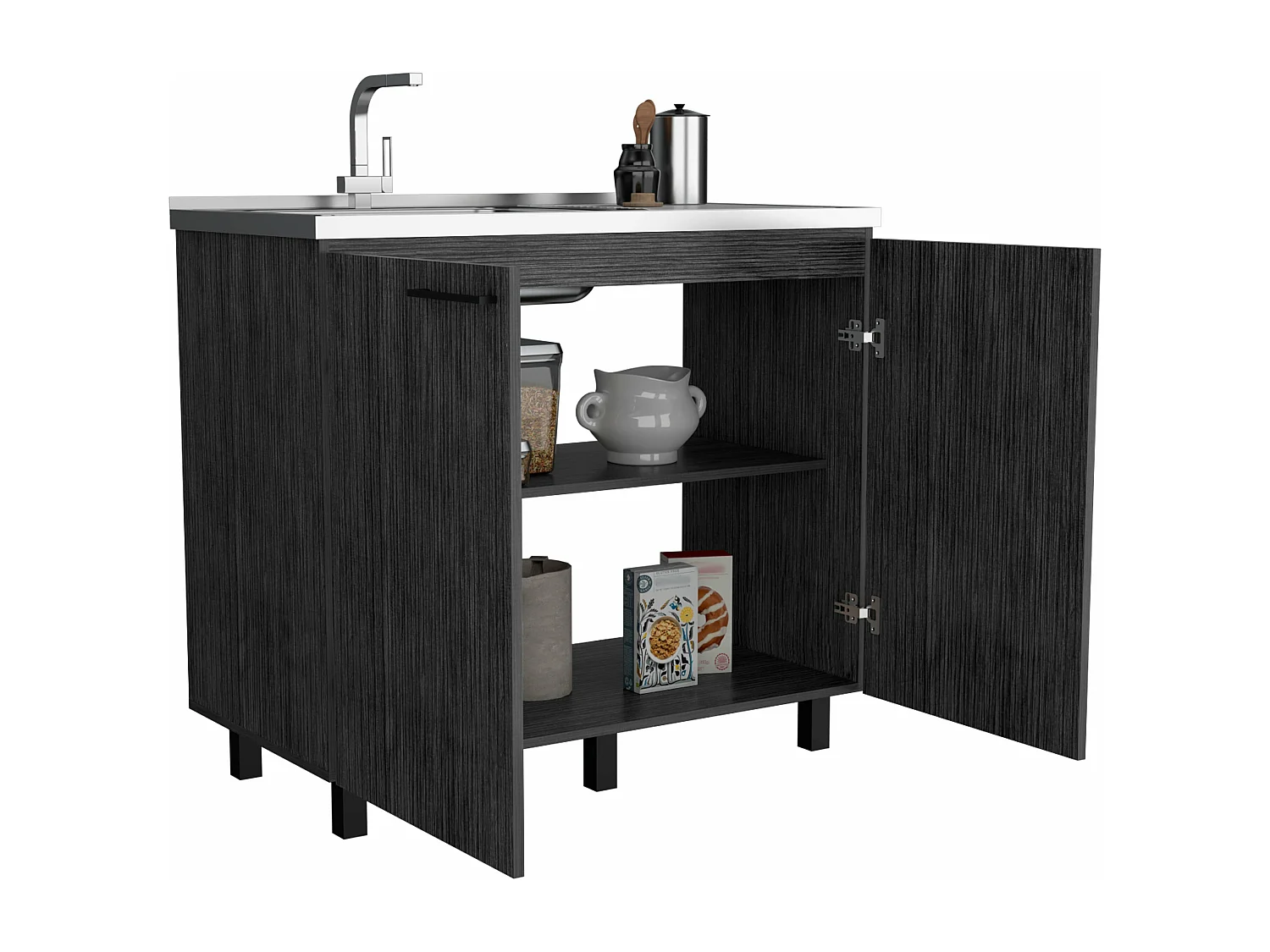 Mueble bajo Napoles en melamina con 2 estantes ,  2 puertas y encimera de acero inoxidable , gris , 89 cm  X 100 cm  X 52.5 cm