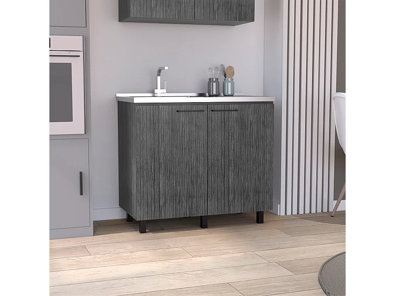 Base Napoles in melaminico con 2 ripiani, 2 ante e piano di lavoro in acciaio inox, grigio, 89 cm X 100 cm X 52.5 cm
