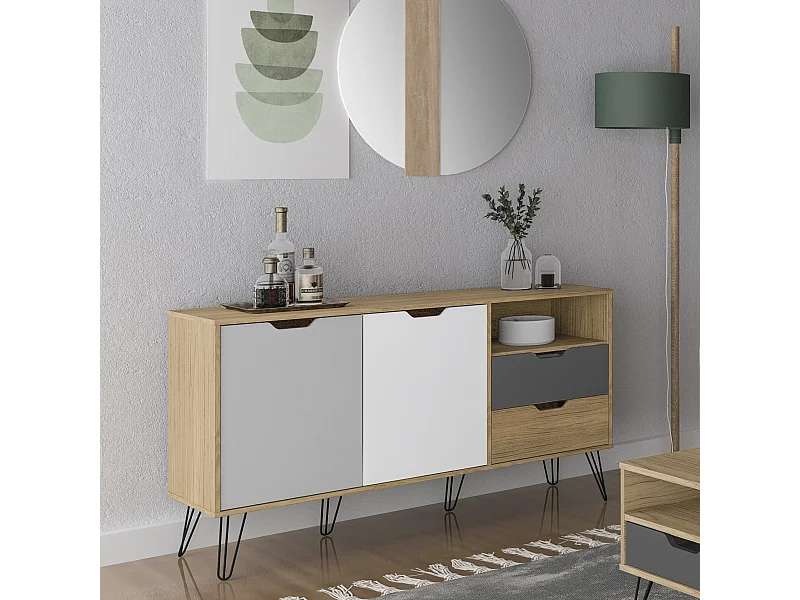 Aparador ESTOCOLMO 2 puertas y 2 cajones en MDF lacado. Colores:blanco, gris claro, oscuro y roble. Med:140x39x76,5H cm